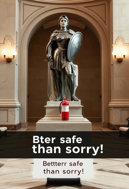 Create an image of a statue of Giovanna d’Arco (Joan of Arc) displayed in a museum setting. The statue should have a classic, realistic style, capturing the figure in her iconic armor, holding a sword and shield. The setting is an elegant, spacious museum with marble floors and soft lighting highlighting the statue. Near the base of the statue, there should be an extinguisher (extintor) subtly placed in the scene, offering a contrast between the historical figure and the modern, functional object. In the foreground, include a small panel with the text ‘Better safe than sorry!’ in a playful, modern font, emphasizing the juxtaposition of ancient history and modern safety. The atmosphere should evoke a sense of reverence for the past, but with an unexpected, almost humorous twist.