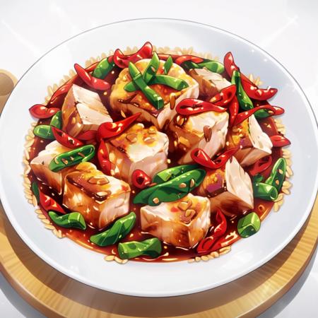 A vibrant, cartoon-style illustration of a plate of Chinese Kung Pao chicken. The dish is colorfully depicted with glossy, succulent cubes of chicken, interspersed with bright red chili peppers and crunchy green scallions. Each ingredient is exaggerated in classic cartoon fashion for a playful and appetizing effect. The chicken pieces glisten with a slightly sticky, sweet, and spicy sauce, and the peanuts scattered throughout add a textural contrast. The plate is simple and white, making the vivid colors of the dish stand out even more. The background is a minimalist kitchen setting, enhancing the focus on the meal,  <lora:Shokugeki_food:0.85>