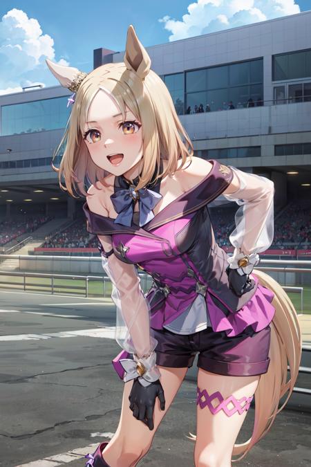 masterpiece,best quality,highres,ultra-detailed,aatopro,yellow eyes,horse ears,medium hair,parted bangs,bowtie,purple dress,shirt,long sleeves,see-through,asymmetric gloves,black gloves,white gloves,horse tail,shorts,purple shorts,thigh strap,boots,knee boots,purple footwear,<lora:narita_top_road_(umamusume):0.8>,outdoors,cowboy shot,standing,:d,leaning forward,hands_on_own_knees,