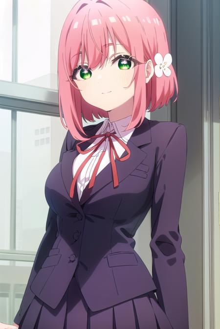 hakarihanazono, <lora:hakari hanazono s1-lora-nochekaiser:1>,
hakari hanazono, short hair, hair ornament, (green eyes:1.3), pink hair, flower, hair flower, smile,
BREAK skirt, shirt, ribbon, school uniform, jacket, white shirt, thighs, pleated skirt, black skirt, red ribbon, neck ribbon, blazer,
BREAK indoors, classroom,
BREAK looking at viewer, (cowboy shot:1.5),
BREAK <lyco:GoodHands-beta2:1>, (masterpiece:1.2), best quality, high resolution, unity 8k wallpaper, (illustration:0.8), (beautiful detailed eyes:1.6), extremely detailed face, perfect lighting, extremely detailed CG, (perfect hands, perfect anatomy),