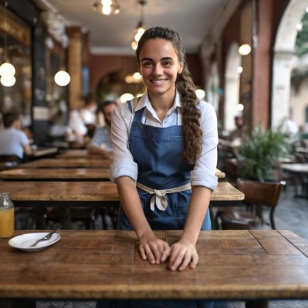 <lora:gaiascodellaro_xl_lora:1> gaiascodellaro Realistic 8K portrait: waitress in a Italian cafe,  jeans, shirt, hair pulled back, apron, open air, welcoming,