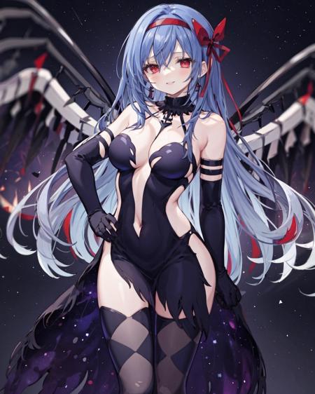 ,black dress, 1girl, solo, argyle legwear, smile, wings, argyle, looking at viewer, cleavage, huge breasts, feathered wings, black wings,  standing, hand on hip, navel
starry sky,  , <lora:AkumaHomuraBlackDress:1>,
black gloves, 
irisx,red eyes,  <lora:IrisHeart:0.7>,blue hair, elbow gloves, hair ribbon, red hairband,