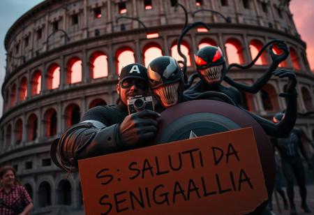Marvel icons, Captain America and Venom, are caught in a surreal, high-energy selfie in front of the ancient Colosseum, with an unsettling atmosphere creeping into the scene. Captain America, his shield glowing faintly under the dimming light of a blood-red sunset, holds a vintage Kodak MC3 camera, trying to capture the eerie moment. Venom, grinning with malevolent glee, strikes a wild pose, his tendrils snaking around Cap’s shoulders, almost squeezing too tight in a way that blurs the line between playfulness and menace. Behind them, the towering Sion army approaches, their glowing red eyes piercing through the shadows of their insect-like helmets.
The Colosseum looms ominously in the background, its ancient arches casting dark, twisted shadows as if the structure itself is alive. The iconic ruins feel warped, with cracks pulsing as though ready to split open. In the foreground, a neon cardboard sign reads ‘SALUTI DA SENIGALLIA(AN)’ but the letters flicker erratically, with some symbols morphing into eerie, cryptic shapes. Holographic effects ripple unnervingly, and the air around them is thick with swirling dust and mist, giving the scene an otherworldly, haunted feel. The contrast between the decaying landmark, superheroes, and the approaching army creates a chilling snapshot of a reality slipping into chaos