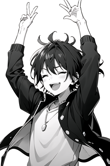 <lora:RinneAmagi-05:0.7> ,rinne, solo, smile, open mouth, simple background, 1boy, white background, holding, jewelry, monochrome, closed eyes, upper body, :d, greyscale, male focus, necklace, arms up, :3, >_<