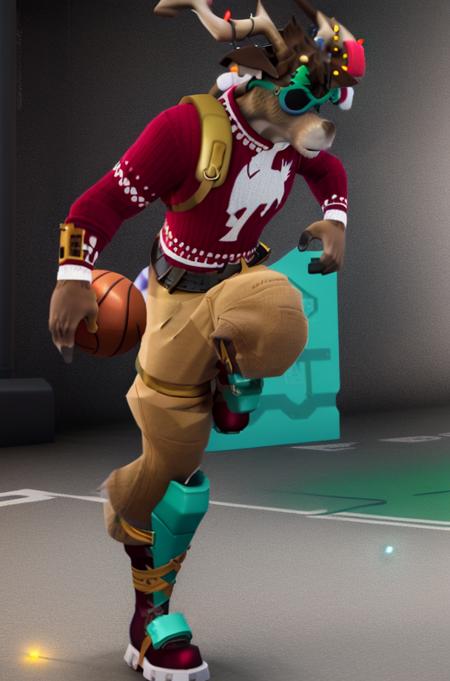 A high quality unreal engine render of a close up portrait of anthro reindeer Fortnite_Dolph, novelty glasses, Christmas Sweater, Belt, Christmas Stocking, Christmas Lights, Candycane, Pistol Holster, Christmas Ball Ornament, Khaki Pants, Shin Guards, Boots, three fingered hands, (exterior, basketball court), (jumping, shooting a basketball), (detailed fur:1.2), CG, Octane Render, 8k uhd, soft lighting, high quality, ambient occlusion, <lora:Fortnite_Dolph_v3.3:1>