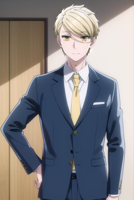 ryou amakusa, short hair, blonde hair, (yellow eyes:1.5), male focus, shirt, long sleeves, jacket, white shirt, necktie, pants, formal, blazer, suit, red necktie,