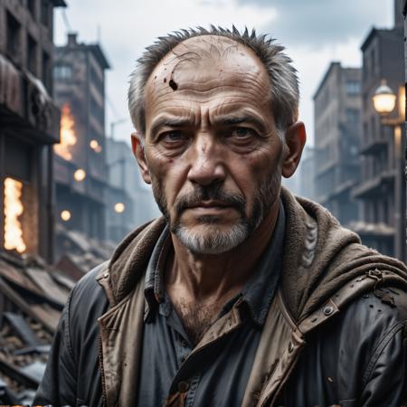 cinematic photo sad old man in a post apocalyptic destroyed city after nuclear blast, newdawn, closeup, high quality photography, 3 point lighting, flash with softbox, 4k, Canon EOS R3, hdr, smooth, sharp focus, high resolution, award winning photo, 80mm, f2.8, bokeh , detailed, realistic, 8k uhd, high quality, high quality photography, 3 point lighting, flash with softbox, 4k, Canon EOS R3, hdr, smooth, sharp focus, high resolution, award winning photo, 80mm, f2.8, bokeh . 35mm photograph, film, bokeh, professional, 4k, highly detailed, high quality photography, 3 point lighting, flash with softbox, 4k, Canon EOS R3, hdr, smooth, sharp focus, high resolution, award winning photo, 80mm, f2.8, bokeh