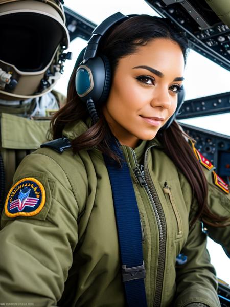 Vanessa Hudgens is a fighter pilot, (sat in the cockpit of an F-22 jet), extremely high quality RAW photograph, detailed background, intricate, Exquisite details and textures, highly detailed, ultra detailed photograph, 4k, sharp focus, high resolution, detailed skin, detailed eyes, 8k uhd, dslr, high quality, film grain, Fujifilm XT3,