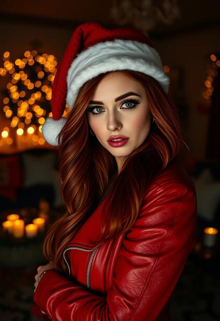 24yo Red haired woman posing in dark christmas living room, red hair with white highlights, christmas lights, makeup, looking at viewer, christmas hat, red leather jacket, cozy, candles, candlelight, dim lights, christmas living room, cowboy shot