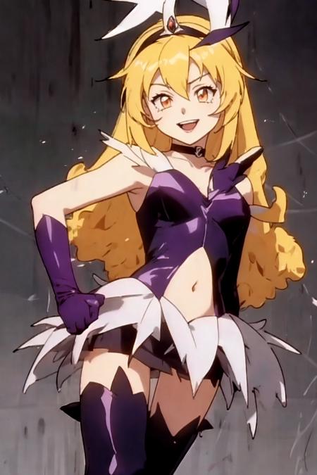 pixy_misa, orange_eyes, blonde_hair, long_hair, headdress, absurdres, highres, 1girl, magical_girl, purple short tight dress, sleeveless, dark purple footwear, thighhighs, dark purple gloves, choker, elbow_gloves, gloves, navel, hand_on_own_hip, looking_at_viewer, open mouth, laughter, smile, grin, solo, classroom, simple background,