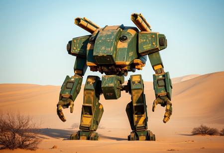 30 foot tall explorer mech stands in the desert. The mech is forest green with gold highlights and covered in dust. On its shoulders are two large missil launchers. The hands are suited for digging and mining.  The mech seems sturdy and worn but well taken care of.
