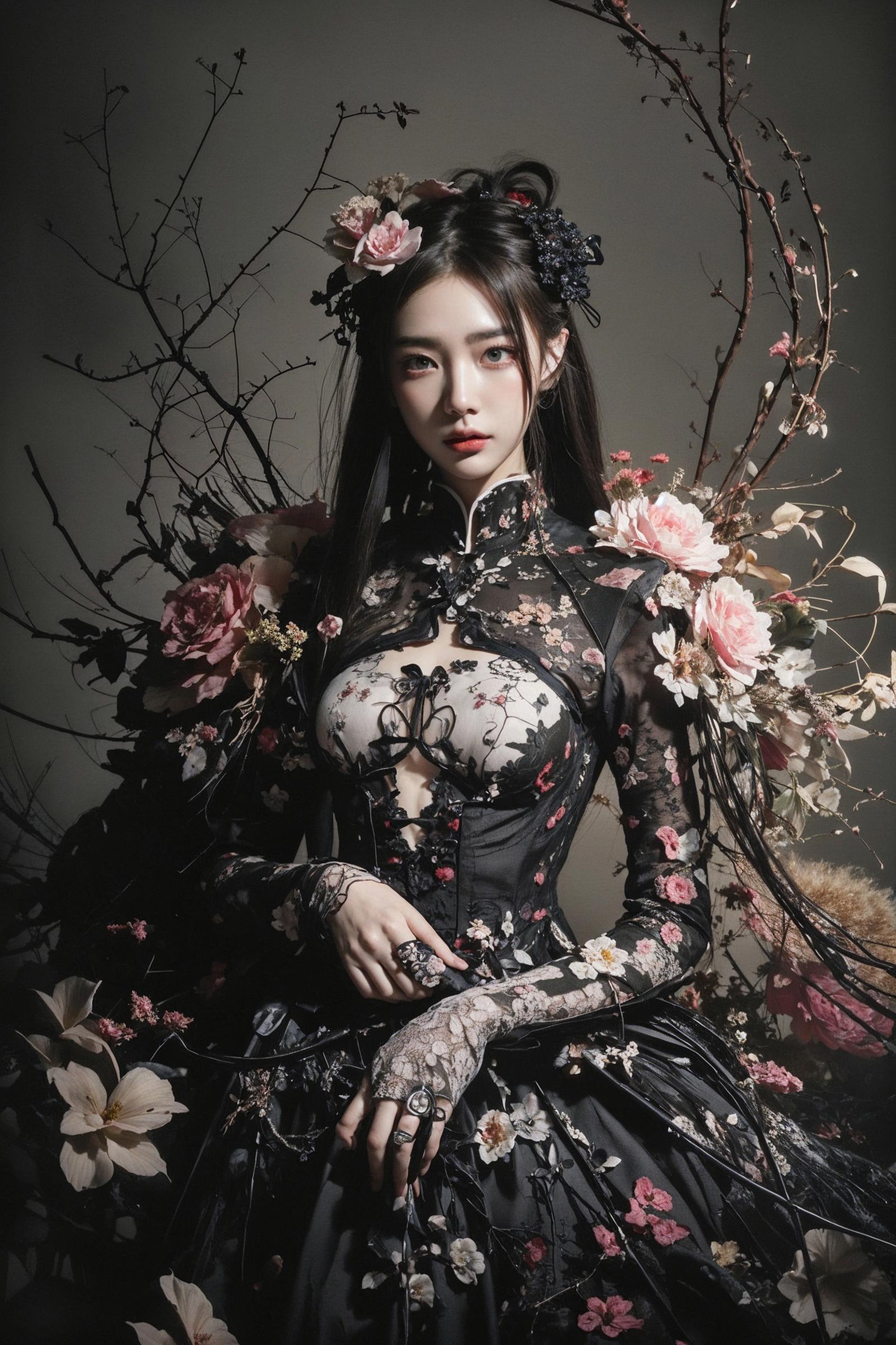 Asian woman wearing a black dress with red flowers and pearls, holding a flower in her hand.