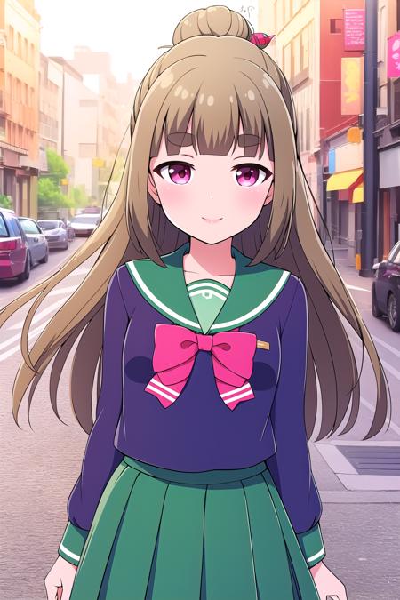 fujimiyasakura light brown hair, single hair bun, hair stick, blunt bangs, long hair, sidelocks, thick eyebrows, pink eyes serafuku, white shirt, green sailor collar, red bowtie, short sleeves, green skirt, pleated skirt, school uniform