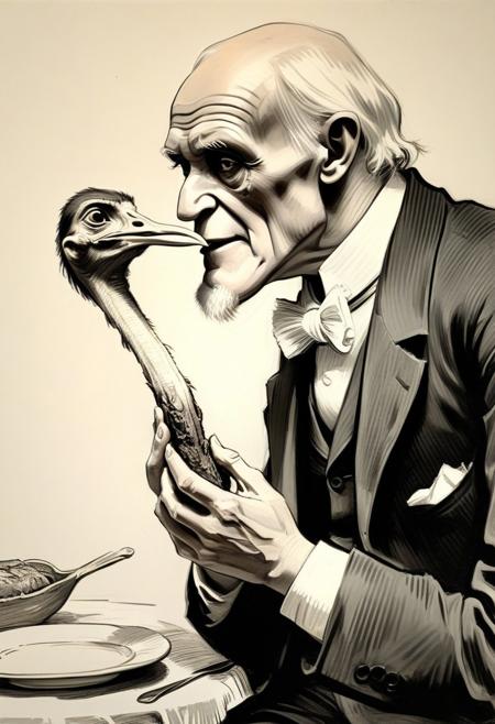 (masterpiece), pencing drawing, happy Charles Darwin is eating a delightful (roasted bird leg), an ostrich watches in horror, dwx6, good composition, by Picasso