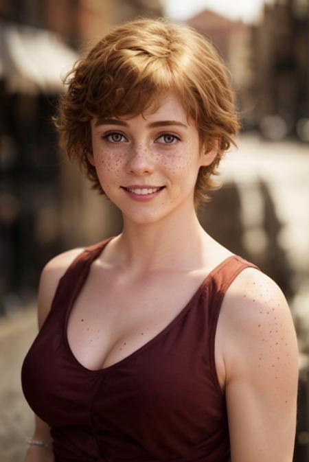 1girl, bare shoulders, blurry, blurry background, blurry foreground, breasts, brown eyes, cleavage, depth of field, dirty, freckles, lips, looking at viewer, mole, mole on breast, mole on neck, mole on thigh, mole under eye, mole under mouth, photo \(medium\), realistic, red shirt, smile, solo, upper body<lora:sophialilis:0.7>