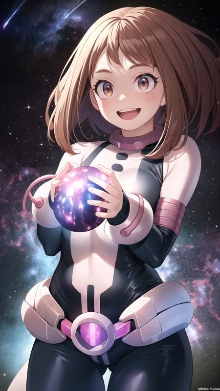 a beautiful and detailed character portrait of ochako, brown hair, bodysuit, boots, standing, belt, outside, happy, excited,posing,nebula background,solo, cinematic lighting, shaded
<lora:ochako v1:1>