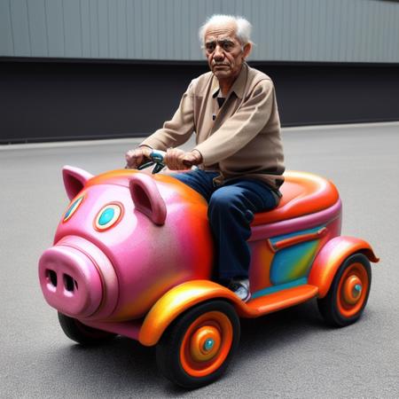 <lora:pandacar_v1:0.5>, (old man:1.1), sit astride, attraction, ground vehicle, handle, realistic, pig_car