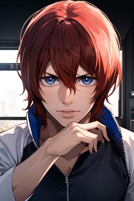 hayato_shinkai, red hair, blue eyes, hair between eyes