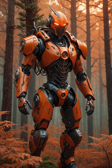 professional 3d model bio-mechanical warlock, shielded cyberpunk, indigenous cybernetic markings, weird coniferous forest, red-orange vegetation, international orange sky, standing, dynamic pose, intense stare, octane render, highly detailed, volumetric, dramatic lighting