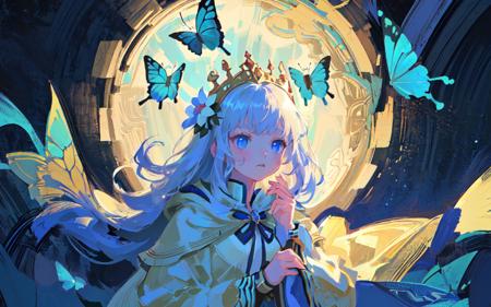 (best quality, masterpiece),  (1girl, solo, golden pattern hood, expression face, looking away, walking, wide sleeves, blue eyes, closed mouth, spread hand, long hair, upper body), , (night sky ,light rising from the bottom, flower field, glowing butterfly on the hand),