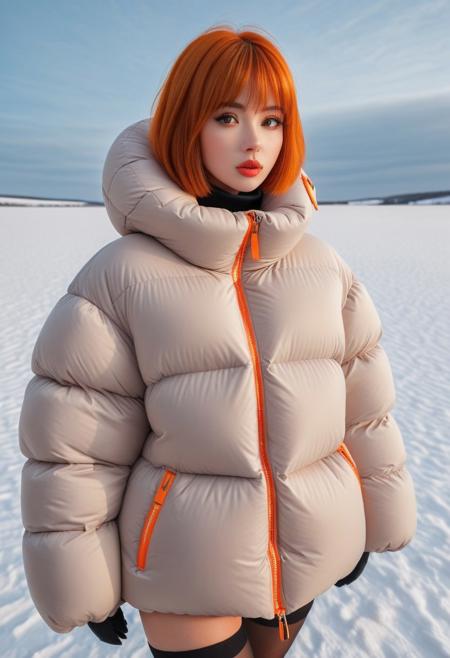 Oversized padded down jacket, Oversized padded puffer jacket, Oversized padded winter clothes, down vest, puffer vest, very very cold, cowboy shot, snow, winter, field, snow field, outdoors, nature, standing, landscape, high distinct image, gloves, Realistic, artstation original character, masterpiece, best quality, highres, ultra_detailed, 4k, UHD, pixiv, ligne claire, noise reduced, distinct, vivid, orange hair, unreal engine, orange eyes, hair ornament, sidelighting, detailed face, lipstick, perfect body, beautiful eyes, pretty face, 1girl, bishoujo, cant be this cute, bright skin, young girl, bangs, short hair, padded cuffs, padded collar, Thick padded cuffs, Thick padded collar, <lora:Collar-SDXL:0.6>, <lora:Cuffs-SDXL:0.6>, <lora:Puffer_Jacket_and_Down_Jacket_-_Extra_Puffy_Jackets:0.6>,  <lora:puffer_skirt_v1:0.6>