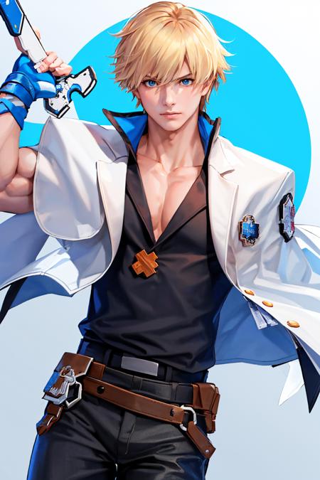 ggkykiske white jacket jacket on shoulders blue gloves black pants belt collarbone pectorals