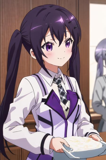 best quality, masterpiece, highres, solo, {tedeza_rize_istheorderarabbit:1.15}, purple_hair, long_hair, twintails, purple_eyes, bangs, hair_ornament, blush, hairclip, hair_between_eyes, closed_mouth, indoors, grey_necktie, jacket, necktie, plaid_necktie, school_uniform, shirt, black_shirt, blazer, collared_shirt, smile, upper_body, white_jacket, 2girls, multiple_girls, solo_focus