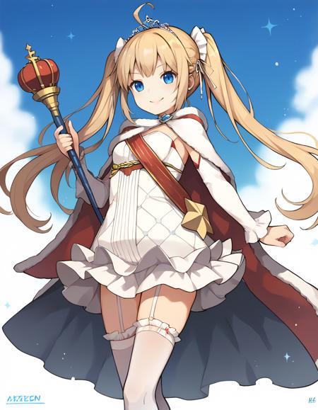 AzlaAmazon,1girl, blue eyes,blonde hair,ahoge,twintail,pleated skirt,black thighhighs, gloves,shirt,neck ribbon,military uniform,cape,long sleeves,hair ornament,boots AzlaAmazonANV,1girl,twintails,white thighhighs, blue eyes, blonde hair, garter straps, fur-trimmed cape,white dress, ahoge,shoulder sash,white hair bow,tiara,detached sleeves