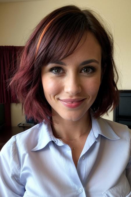 score_9, score_8_up, score_7_up, score_6_up, sexy 35 year old milf, short hair, colored hair, ultra realistic, big lips, large breasts, tight button up shirt, smile, (masterpiece, best quality, highres:1.2), (photorealistic:1.2),