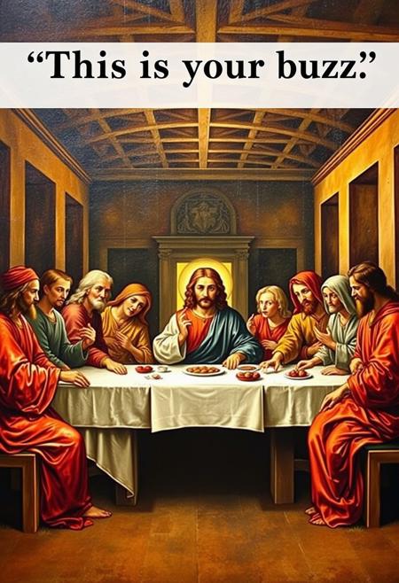 Masterpiece epic religious painting of Jesus Christ, Last Supper, (title text above: “This is my buzz”:1.3), best quality, intricate details, ultra details, good lighting, vibrant colors, very detailed,