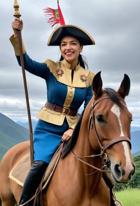 stunning medium photo of alexandria_ocasio_cortez dressed as a conquistador, conquering south america on horseback, <lora:alexandria_ocasio_cortez_aoc_sdxl_60:0.75>