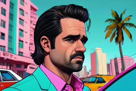 colin farrell as a character in GTAV, vice city, neon, pastel, miami vice, flat colors, dutch angle, tilted angle, rockstar games, gta vice city, grand theft auto style, exaggerated, pop art style, vibrant colors,
  <lora:add-detail-xl:1> <lora:aesthetic:1>  <lora:detailed_notrigger:1> <lora:Line Art Style SDXL_LoRA_20r_20e_8i_nr32_a16_Pony Diffusion V6 XL:1>