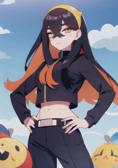 carmine 1girl, solo, long hair, looking at viewer, bangs, black hair, long sleeves, hair between eyes, yellow eyes, red hair, multicolored hair, hairband, sky, midriff, pants, cloud, orange hair, mole, two-tone hair, crop top, hand on hip, mole under eye, colored inner hair