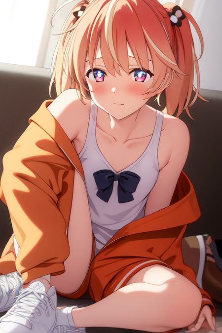 rinne, sleeves past wrists, bow, collarbone, sneakers, orange jacket, close-up, bare shoulders, heart, bowtie