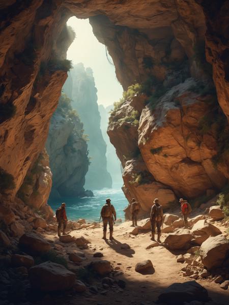 by Ivan Aivazovsky and Barbara Stauffacher Solomon, hyper realistic full view photo of  a (group of brave adventurers exploring a treacherous hidden treasure-filled cave guarded by ancient traps:1.1),  (cluttered , iconic , blank , sparkling , masterful:1.4), bold lines, hyper detailed, award winning, limited color palette, high contrast, depth of field, (intricate details, masterpiece, UHD, best quality:1.4), dramatic cinematic lighting, film grain, looking at viewer, dynamic pose, wide angle panoramic view,
<lora:add-detail-xl:1.5> <lora:xl_more_art-full_v1:0.8> <lora:- SDXL - shrubbery_n_green-stuff_V1.0:null>