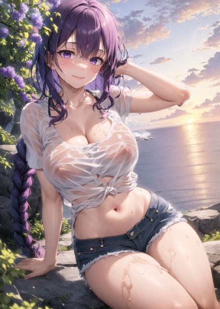 masterpiece, ultra-detailed hair, better lights, better shadows, shogun raiden,1girl, breasts, wet, wet clothes, raiden shogun, solo, see-through, long hair, purple hair, navel, purple eyes, looking at viewer, braid, shorts, large breasts, short shorts, shirt, outdoors, sitting, wet shirt, thighs, braided ponytail, white shirt, short sleeves, mole under eye, denim shorts, water, sunset, bangs, mole, hair ornament, closed mouth, denim, smile, stomach, very long hair, midriff, crop top, collarbone, rock, blush, flower, single braid, hair flower, cutoffs, nipples, covered nipples, sky, see-through shirt, purple flower, micro shorts, ocean, no bra, cloud, blue shorts, cleavage, sidelocks, sitting on rock, <lora:shogun-10:0.7>,