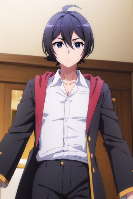 seiichihiiragi, <lora:seiichi hiiragi s2-lora-nochekaiser:1>,
seiichi hiiragi, black hair, hair between eyes, ahoge, male focus, (black eyes:1.5),
BREAK school uniform, hood, robe, shirt, white shirt, collared shirt,
BREAK indoors, classroom,
BREAK looking at viewer, (cowboy shot:1.5),
BREAK <lyco:GoodHands-beta2:1>, (masterpiece:1.2), best quality, high resolution, unity 8k wallpaper, (illustration:0.8), (beautiful detailed eyes:1.6), extremely detailed face, perfect lighting, extremely detailed CG, (perfect hands, perfect anatomy),