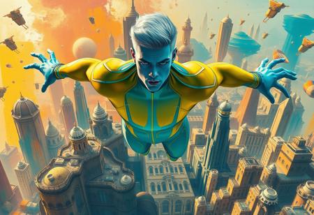 1boy, blue skinned, silver metallic short hair,  aged 30 (full body, facing camera, from below). Futuristic fashion, a golden yellow and teal  high tech bodysuit ,  it is form fitting with an open face design. the man has pale blue skin and is muscular and has an athletic  form , the hero is flying above a futuristic alien city that is very idyllic and made of numerous organic shaped buildings ,, the city behind him exploding into fractured shapes and vibrant brushstrokes. cinematic realism, modernist abstraction, vintage fashion, expressive color palette, fragmented composition, narrative surrealism, romantic noir, bold geometric forms, rhythmic patterns, textured brushwork, dreamlike tension, symbolic elements, 20th-century elegance, surreal backgrounds, abstract expression, stylized figures, visual dynamism, painterly contrast, emotional ambiguity, narrative experimentation