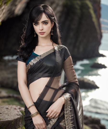 portrait photo, kryst3n, (sharp focus:1.2), attractive young woman, (beautiful face:1.1), detailed eyes, luscious lips, (smokey eye makeup:0.85), she is wearing a (saree:1.2), jewellery, on a (cliffside:1.2). (moody lighting:1.2), depth of field, bokeh, 4K, HDR.
<lyco:KrystenRitterDoguv2:0.96>