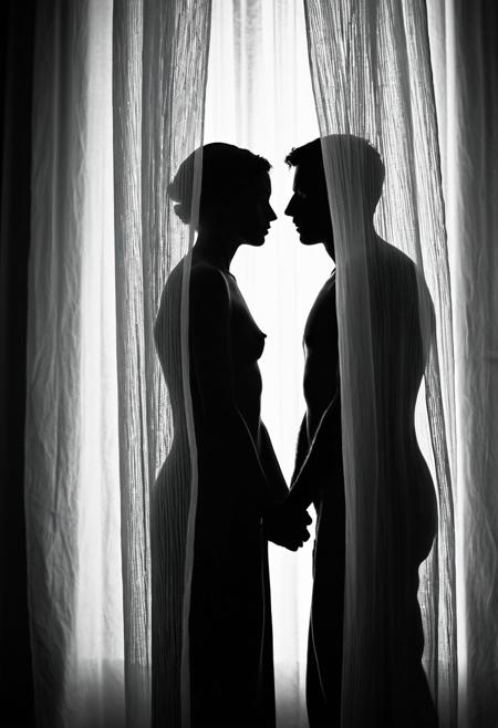 A black and white fine art photograph captures two human figures in silhouette through a translucent white curtain with a delicate woven texture. The two figures stand in profile at the center of the frame, with their faces positioned close together in an intimate pose. Bright backlighting creates sharp contrast between the dark silhouettes and the illuminated curtain fabric. The curtain fills the entire frame, its textile pattern visible through the soft focus effect. The medium-distance framing shows the figures from head to waist, while the shallow depth of field blurs the curtain's edges. Black and white fine art photography with dramatic backlighting and selective focus.