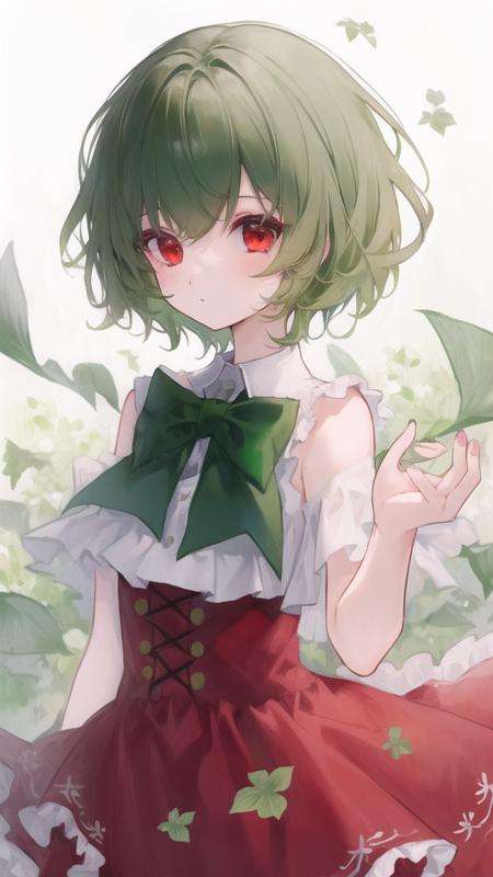 1girl, green hair, red eyes, dress, short hair, (solo:1.3),  <lora:MatchaStyleV1:1>