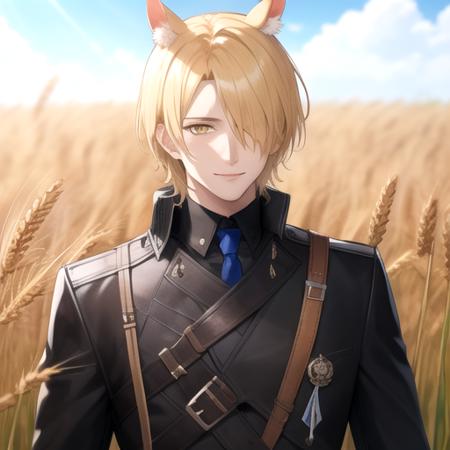 ((masterpiece)),(best quality),official art,extremely detailed CG,unity 8k wallpaper,ultra detailed,wheat field,1boy,solo,(portrait:1.2),upper body,mlynar (arknights),animal ear fluff,animal ears,belt,black jacket,black pants,blonde hair,blue shirt,emblem,gauntlets,hair over one eye,horse boy,horse ears,light smile,short hair,white necktie,yellow eyes,<lora:Mlynar(ark)>,