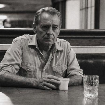 A man sitting at the table alone. He just sits, staring at the drink. There is no expression in his eyes. He is a complete deadpan. He is an American of indeterminate age.