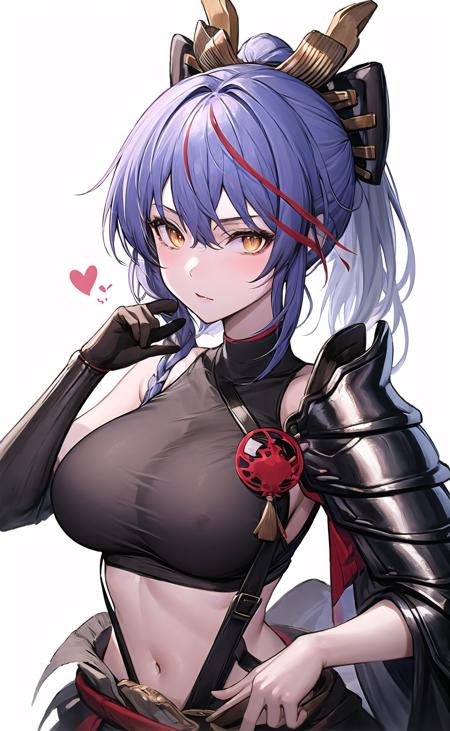 origin, 1girl, breasts,  large breasts, long hair, looking at viewer, japanese armor, midriff,  navel, crop top, armor, v, black shirt, shoulder armor, white background, shirt, single glove <lora:akafuyu-pynoise-000009:1>