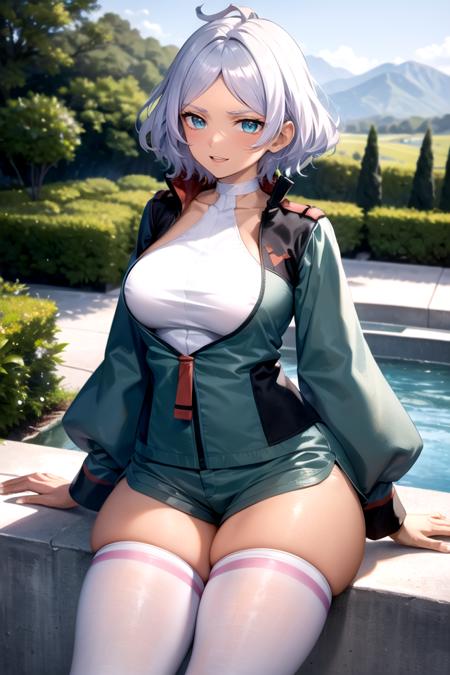 masterpiece, best quality, , highres, 1girl, solo, scenery,
<lora:ANIME_secelia_dote_ownwaifu-10:1.0>green_jacket_ownwaifu,www.ownwaifu.com,green jacket,short hair,dark skin,thighhighs,breasts,dark-skinned female,jacket,white legwear,blue eyes,shorts,large breasts,white hair,long sleeves,silver hair,thighs,