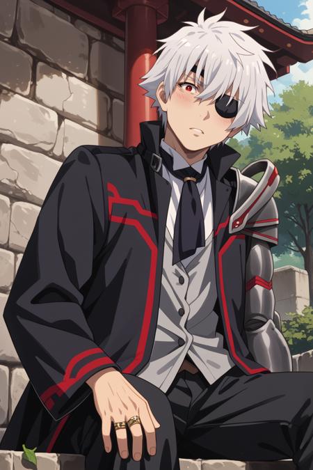  nagumo, white_hair, short_hair, eyepatch, red_eyes, armor, coat, shirt, ascot, ring