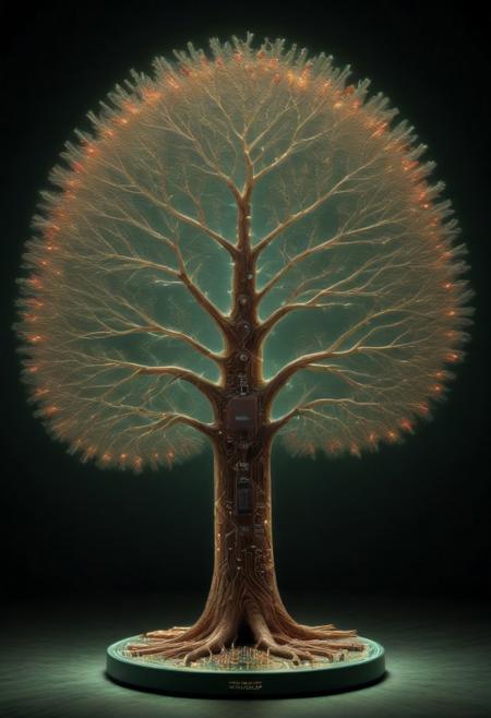 (sacred weirwood red leaves tree made entirely of circuit traces:1.5), (glowing leaves shaped like microchips:1.4), copper branches, root system merging with a PCB board, (techno-nature fusion:1.3), glowing moss-like transistors, high realism, soft light rays through canopy, subtle green and gold hues, reflective metallic bark, serene but advanced, (TzigoCBS), lazympos, lazyneg, lazyxxx