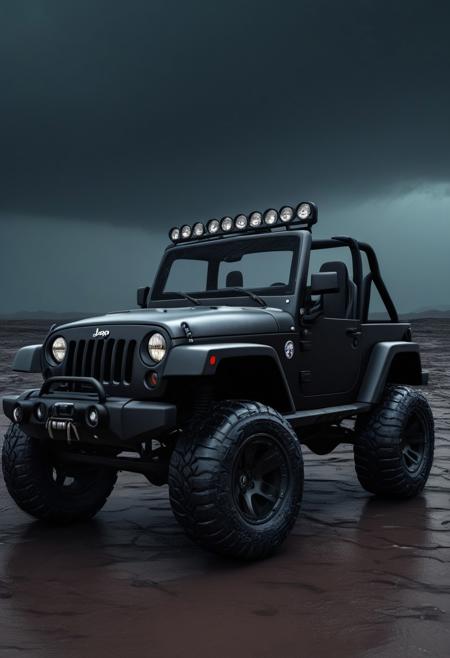 Masterpiece, cartoon, digital illustration, Jeep Wrangler, dark theme, big off-road tires, in the middle of apocalyptic wasteland, dark, cloudy, stormy,