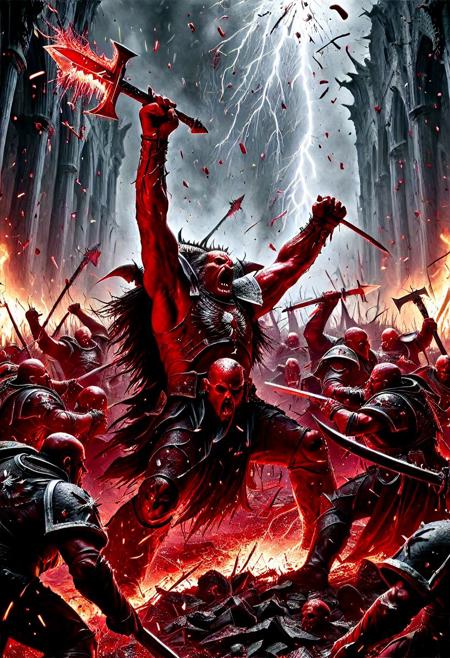 A brutal Warhammer 40K battlefield scene showing the Blood Legion of Khorne, Chaos Space Marines drawn from the World Eaters Traitor Legion, locked in fierce combat with Black Templars loyalist Space Marines. Blood Legion warriors wear jagged, blood-red power armor with brass trim, chainaxes raised mid-swing, roaring in fury. Black Templars in black ceramite armor with white crosses on their pauldrons defend with power swords and storm shields, standing resolute against the assault. The scene is filled with flying sparks, gunfire, torn banners, and broken relics. Flaming wreckage and a shattered Imperial shrine frame the carnage. Blood and smoke fill the air as both sides clash in a brutal melee. Cinematic lighting, hyperdetailed, realistic textures, ultra-violent, concept art, 8K resolution, grimdark mood, “Blood for the Blood God!”