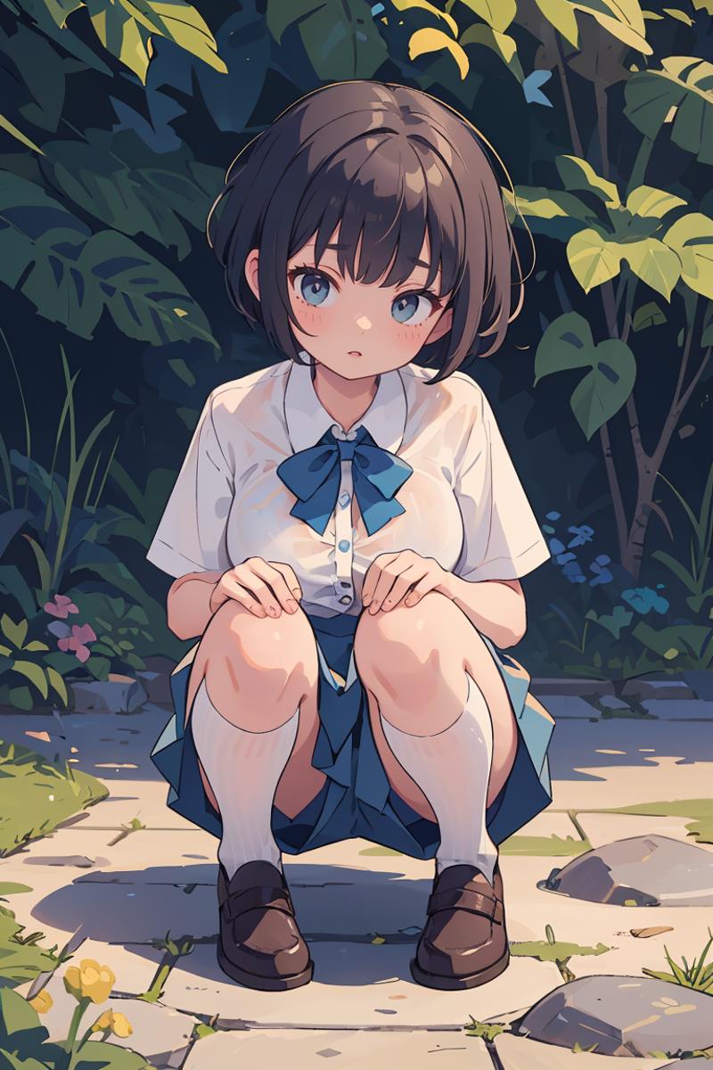 A Cartoon Girl with Blue Eyes Sitting on a Sidewalk.